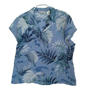 Tommy Bahama Silk Shirt Womens Short Sleeve Blue Floral Button Up Size Medium